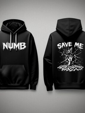 Gildan Black Hoodie with White 'NUMB' Front and 'SAVE ME' Back Graphic